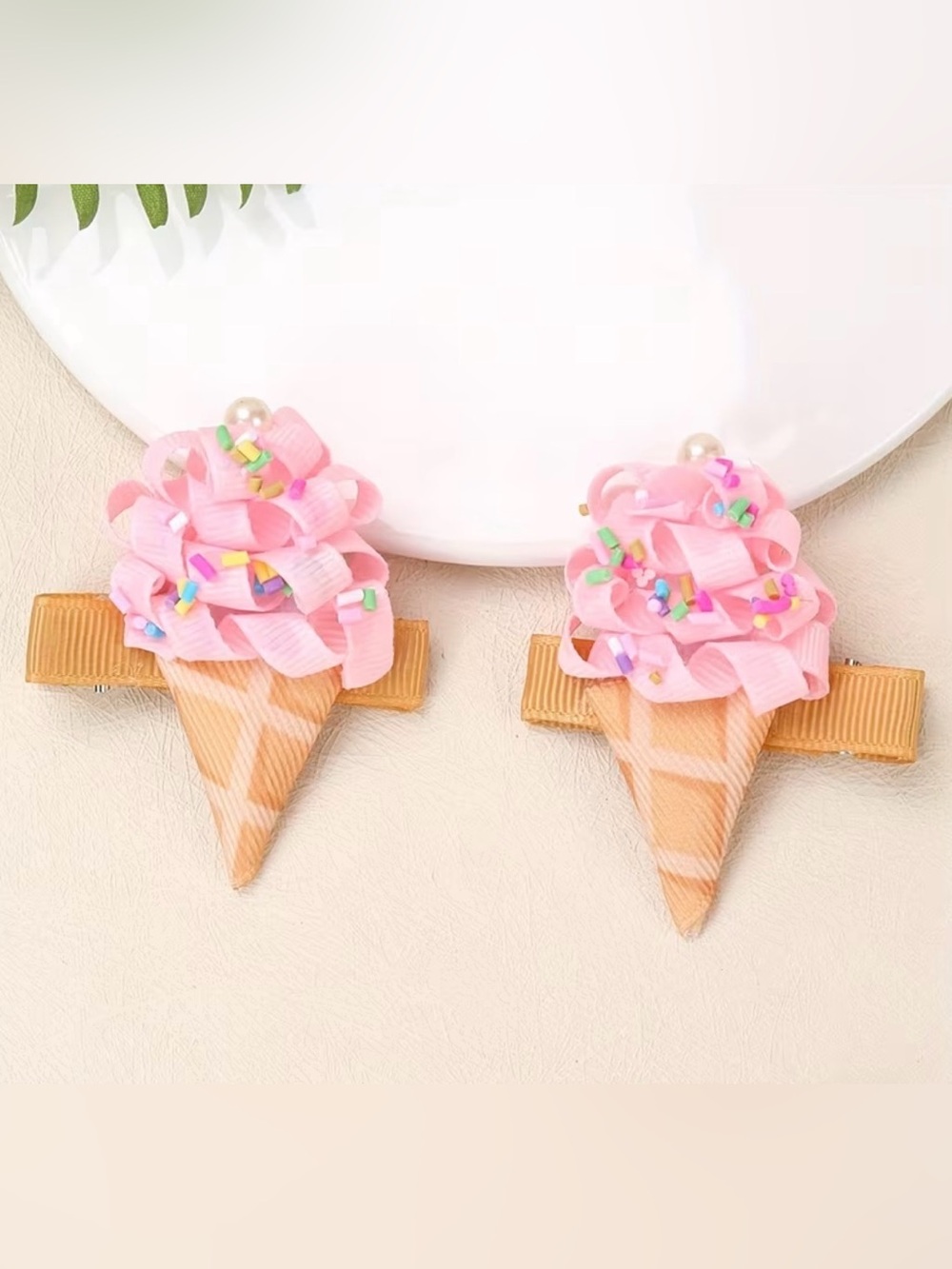 Pink Ice Cream Cone Hair Clips for Kids - Cute Ribbon Sprinkle Design!